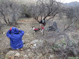 Raquel, Jerry and Cheetah having lunch during a snow flurry on AZT Passage 14.